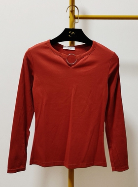 清仓特价C3113外贸女装红色长袖t恤春秋v领上衣【全店任3件包邮】