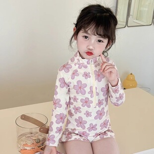 女童ins碎花泳衣 防晒泳装 2026新款 儿童速干游泳衣女宝宝连体长袖