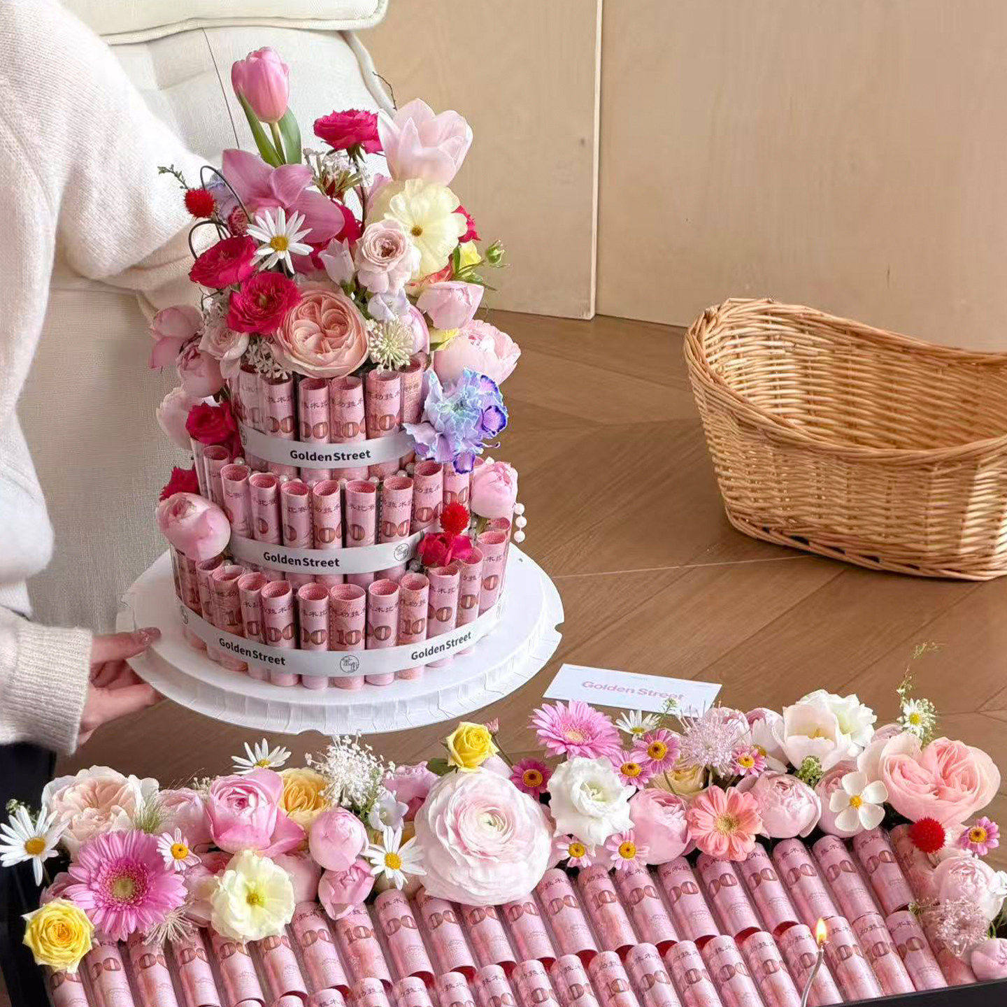 网红有钱花钞票连体透明袋卷透明装钱袋蛋糕造型diy创意装饰材料