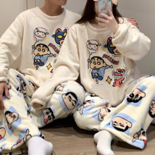 珊瑚绒蜡笔小新情侣睡衣女秋冬季加厚加绒保暖男生卡通休闲家居服