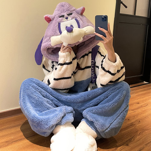 珊瑚绒可爱高飞连体服睡衣情侣