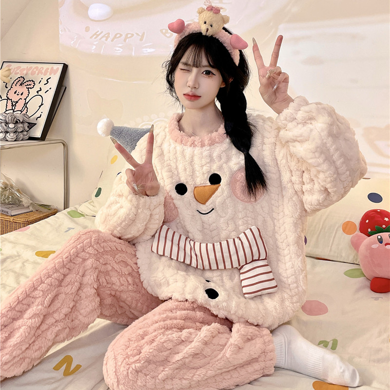 珊瑚绒圣诞雪人可爱睡衣女秋冬季加厚保暖圆领学生休闲外穿家居服