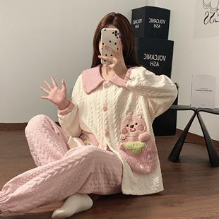 可爱loopy海狸空气棉睡衣女秋冬季加厚保暖加大码宽松胖mm家居服