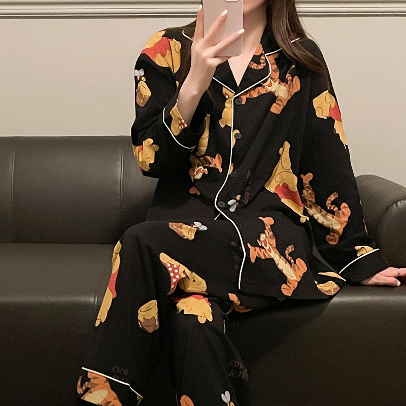 韩国纯棉小熊维尼睡衣男女春秋季长袖卡通跳跳虎情侣家居服可外穿