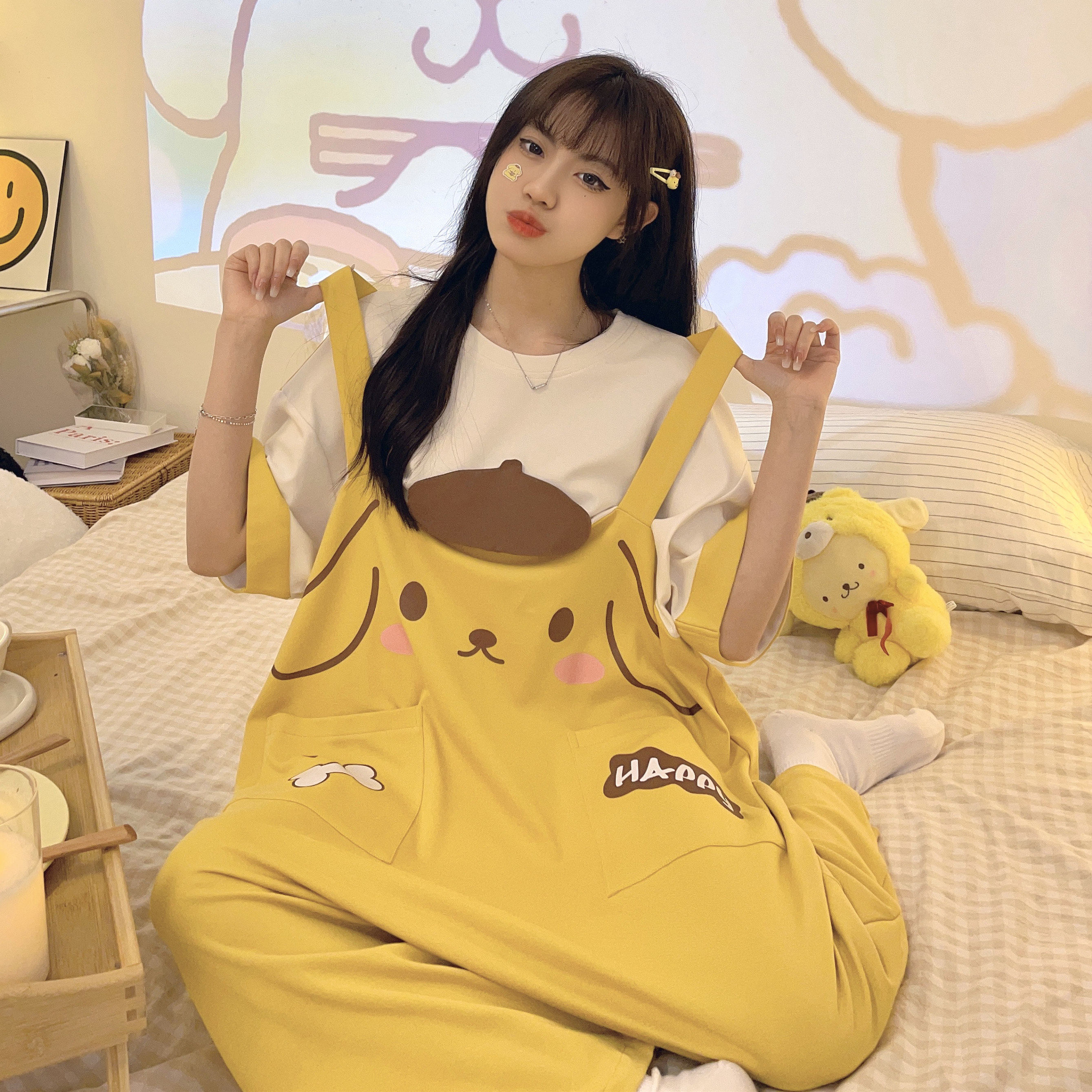 可爱布丁狗连体服睡衣女夏季纯棉短袖加大码学生甜美三丽鸥家居服