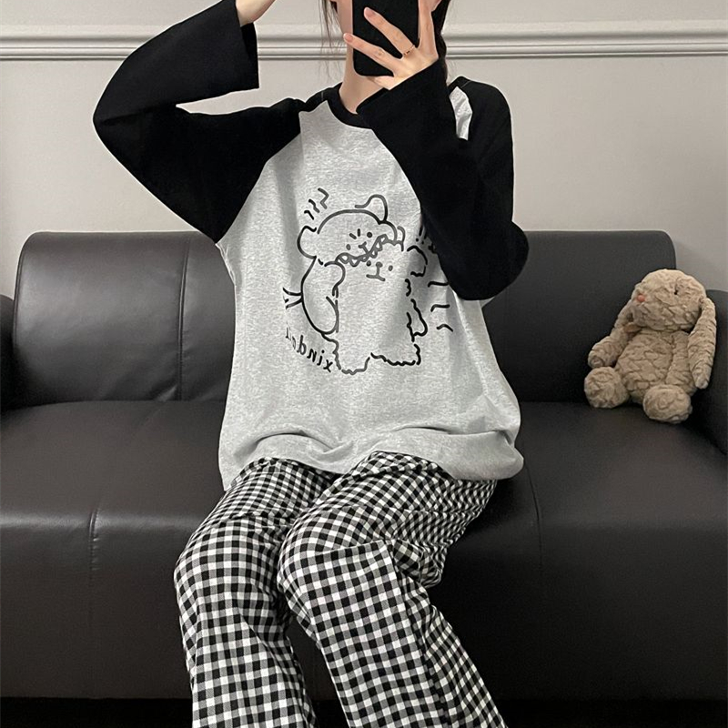 情侣卡通线条小狗ins纯棉睡衣