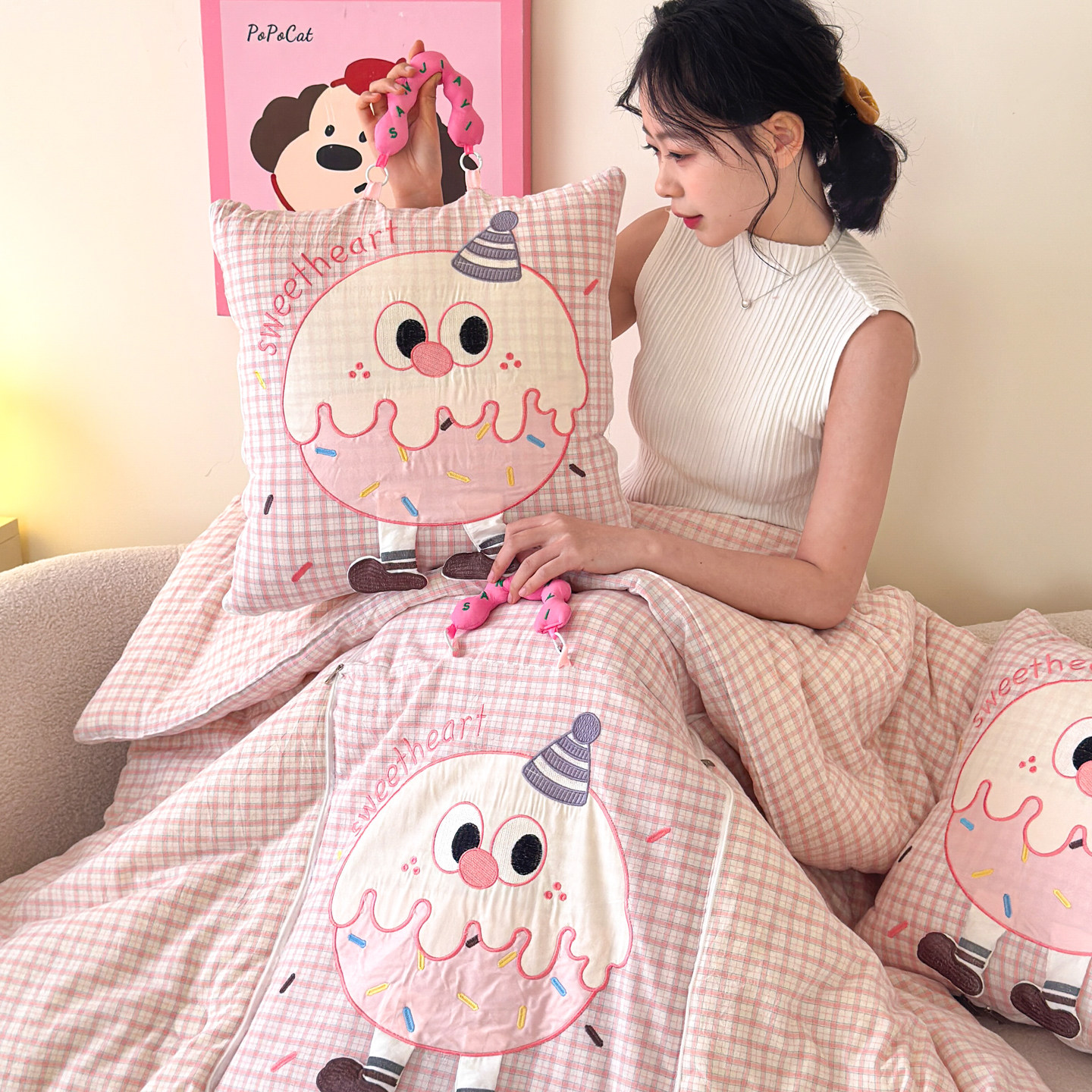 卡通全棉抱枕被子两用办公室午睡毯子枕头被二合一车载靠垫空调被