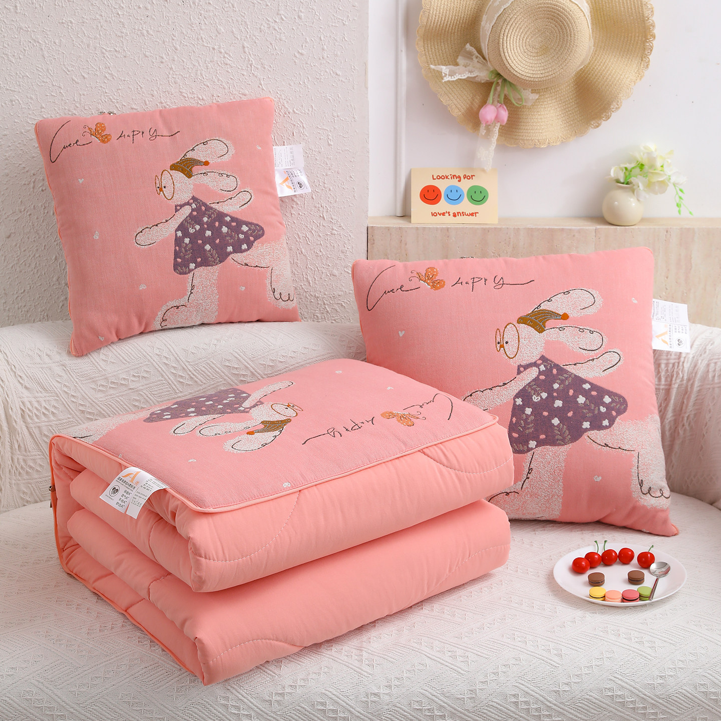 全棉卡通抱枕被子两用办公室车载午睡儿二合一空调夏凉被折叠毯夏