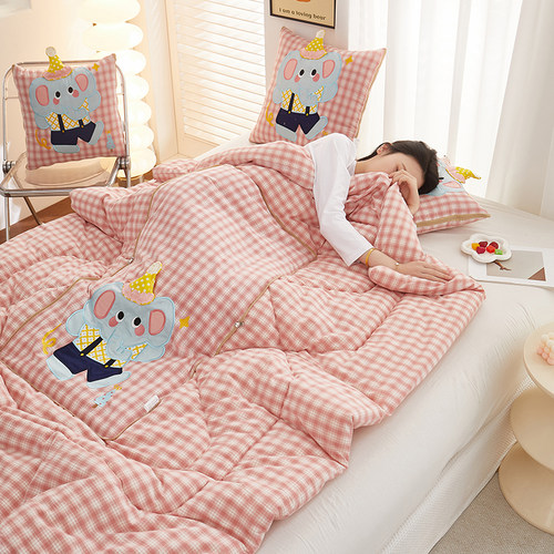 全棉色织抱枕被子两用学生纯棉被