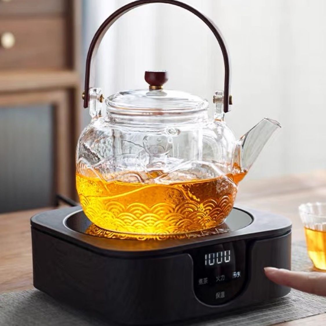 高硼硅玻璃茶壶耐热提梁壶胡桃木盖子把手蒸煮双用提梁壶煮茶壶