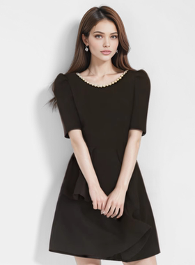 CBCB原创设计师品牌钻链圆领露背压褶连衣裙黑色高级感短袖宴会裙