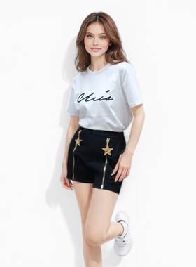 幂幂同款原创设计师品牌秋季新款星星金属双拉链时尚黑色短裤女