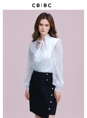 CBCB原创设计师品牌春季新款白色蕾丝长袖衬衫海军领上衣女