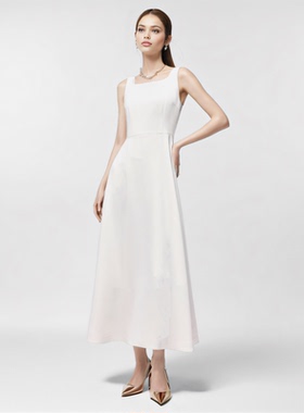 Christopher Bu法式白色醋酸方领连衣裙2024秋季新品气质高腰长裙