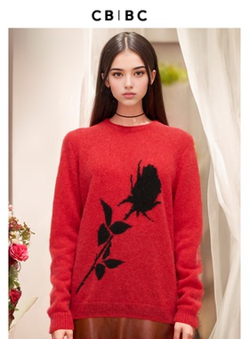 卜柯文设计师品牌好运新年大红色马海毛羊毛针织衫圆领长袖毛衣