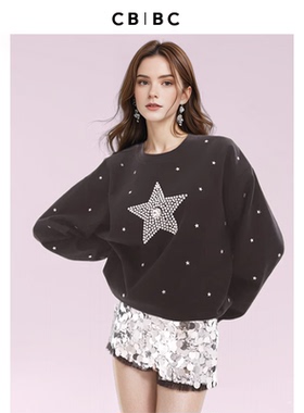 Chrisby Christopher Bu设计师品牌五角星钻饰圆领宽松卫衣女黑色
