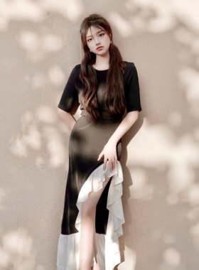 ChristopherBu 荷叶边拼接不规则开叉连衣裙小众黑色设计师裙子女