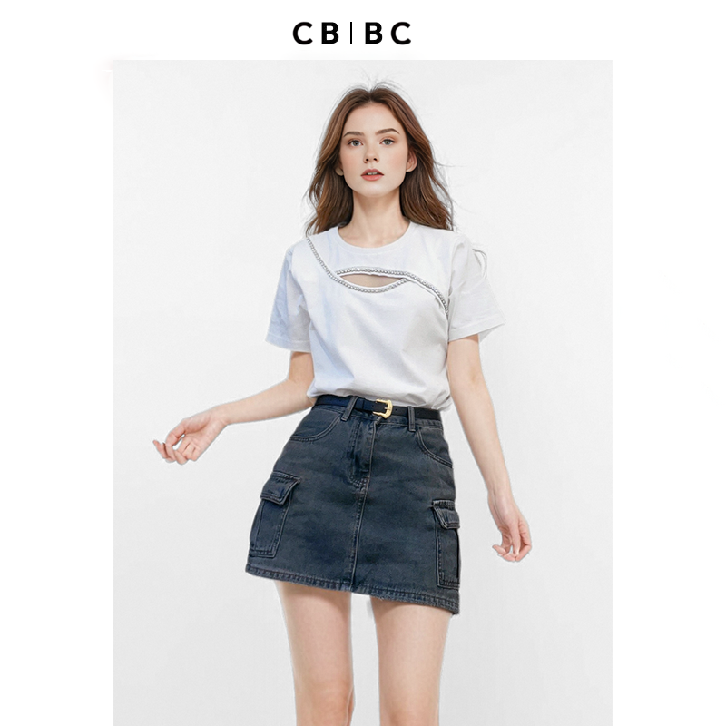 CBCB原创设计师品牌夏季新款白色丝光纯棉手工镶钻圆领T恤女
