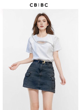 CBCB原创设计师品牌夏季新款白色丝光纯棉手工镶钻圆领T恤女