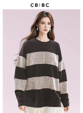 CBCB原创设计师品牌新款手工条纹镶钻男女同款黑色廓形圆领卫衣
