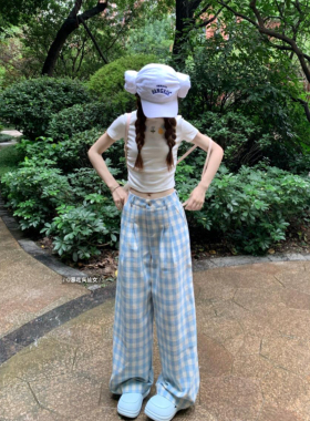 暴走高仙女高个子奶蓝色格子休闲女2025新款春秋加长阔腿拖地长裤