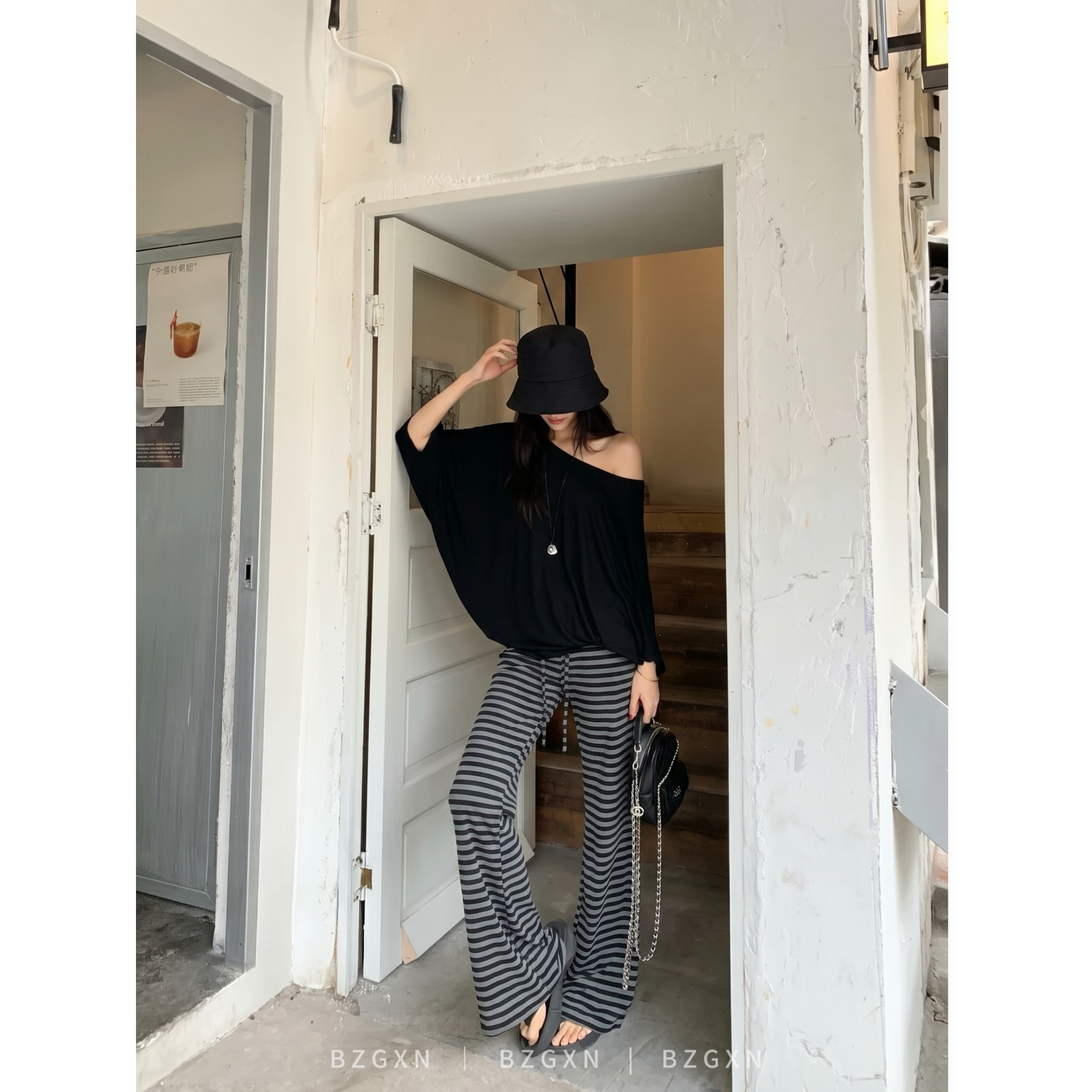 条纹微喇裤女夏2026新款夏季高腰图片