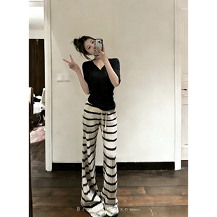 暴走高仙女高个子加长慵懒条纹针织微喇裤女春夏镂空休闲遛弯拖地