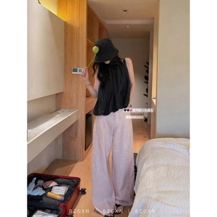 暴走高仙女高个子加长粉色亚麻阔腿裤女2026夏休闲宽松拖地长裤子