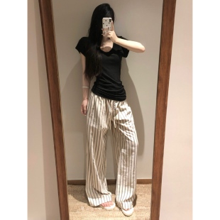 暴走高仙女175高个子加长条纹阔腿休闲裤 透气垂坠感 女慵懒抽绳裤