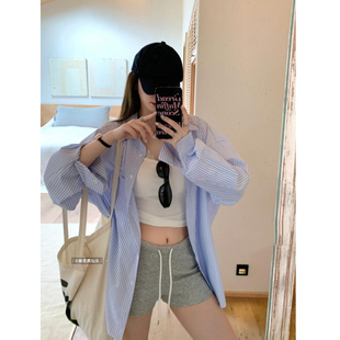 暴走高仙女高个子超长版春秋条纹度假休闲防晒长袖衬衫慵懒风上衣