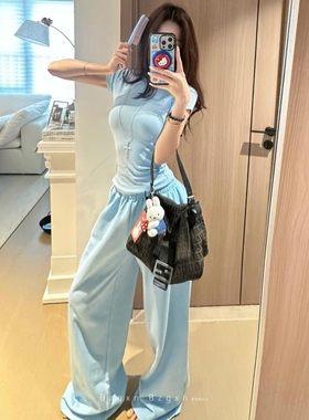 暴走高仙女175高个子糖果蓝卫裤女高腰显腿长松紧腰休闲拖地裤