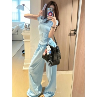 暴走高仙女175高个子糖果蓝卫裤女高腰显腿长松紧腰休闲拖地裤