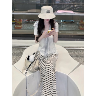 暴走高仙女175加长版黑白条纹裤子女春夏高腰直筒宽松阔腿拖地裤