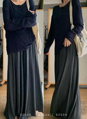淡人感大裙摆纯色拖地半身长裙女