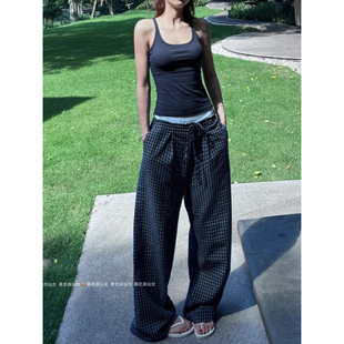 宽松抽绳格子遛弯拖地裤 175高个子加长180肌理感休闲裤 女春秋长裤