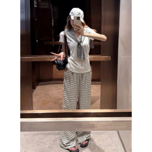 子女休闲长裤 暴走高仙女175高个子加长180夏季 撞色条纹直筒阔腿裤