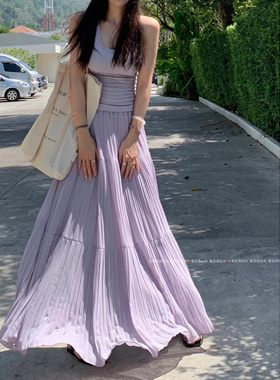暴走高仙女175高个子加长紫色压褶半身裙超仙a字大摆气质长裙女夏