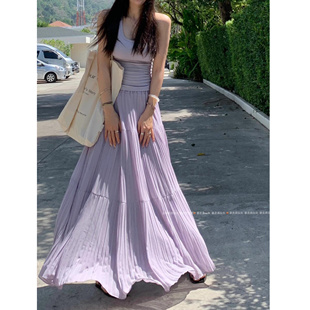 暴走高仙女175高个子加长紫色压褶半身裙超仙a字大摆气质长裙女春