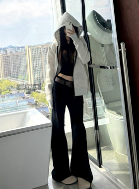 黑色低腰宽松微喇叭牛仔裤女秋冬175高个子显瘦加长170拖地长裤子