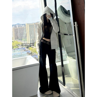 黑色低腰宽松微喇叭牛仔裤女秋冬175高个子显瘦加长170拖地长裤子