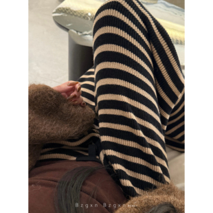 子 长裤 175高个子加长条纹针织阔腿裤 女秋冬加厚慵懒风垂感拖地裤