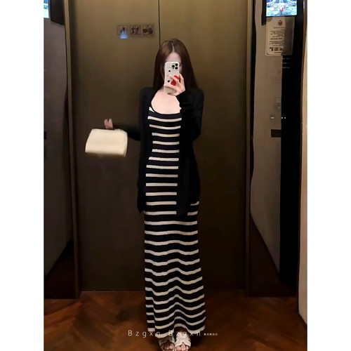 条纹吊带连衣裙175加长高个子180