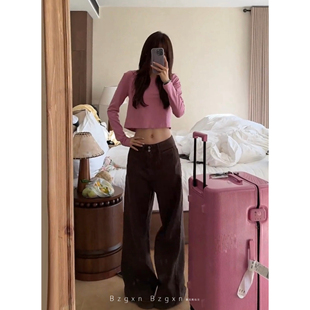 美拉德棕色阔腿牛仔裤女2026新款高个子加长高腰宽松垂感直筒拖地