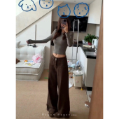 女春复古宽松直筒裤 暴走高仙女高个子加长美式 高街咖色阔腿休闲裤