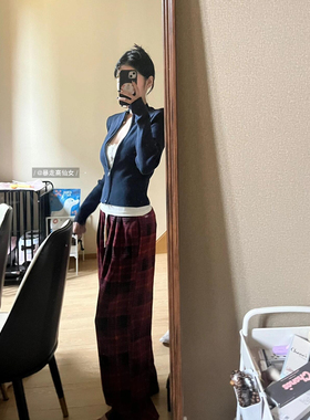 175高个子加长180高腰阔腿裤女秋冬加绒宽松直筒休闲裤红色格子裤