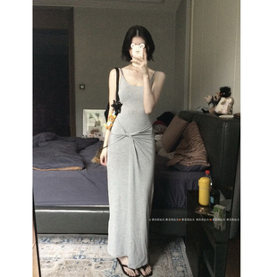 暴走高仙女175高个子加长180灰色修身吊带连衣裙子长裙女春秋2025
