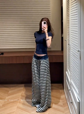 暴走高仙女175高个子藏青条纹阔腿裤女冬高腰垂感加绒休闲拖地裤