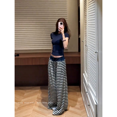 暴走高仙女175高个子藏青条纹阔腿女2026春夏高腰垂感休闲拖地裤