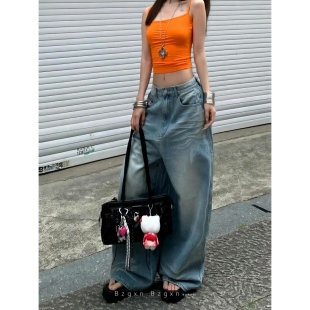 暴走高仙女高个子复古水洗抓痕牛仔裤 女宽松直筒显瘦阔腿拖地长裤