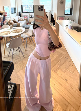 粉紫色无抽绳卫裤高个子女生加长